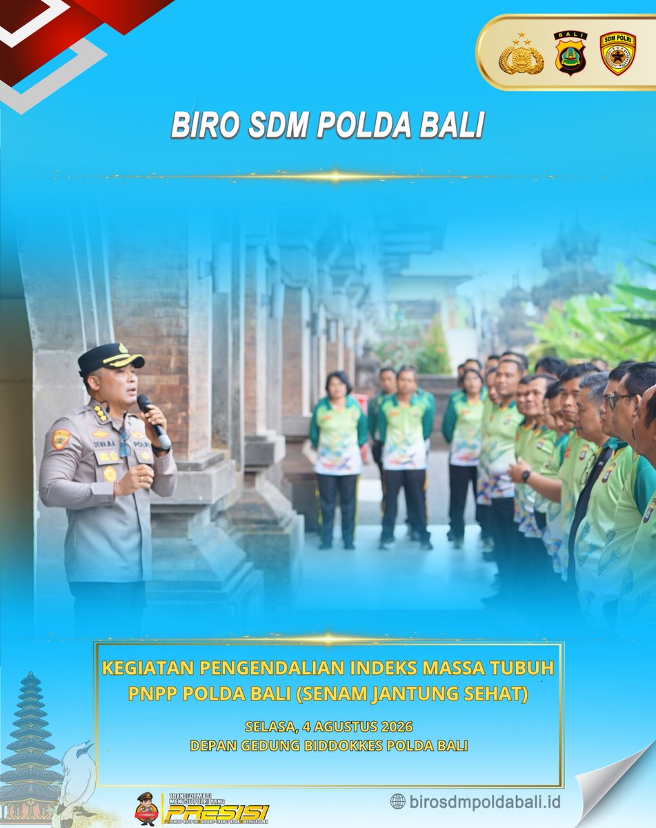 bagsdm1's tweet photo. Program GERCEP (Gerak Cegah Obesitas Personil) Polda Bali berguna untuk mencegah obesitas, meningkatkan kebugaran, dan menjaga kesehatan anggota.

Fungsi Utama kegiatan ini adalah

Program Penyuluhan Gizi
Memberikan edukasi tentang cara mengatur berat badan yang benar. https://t.co/GTe1hxnA89