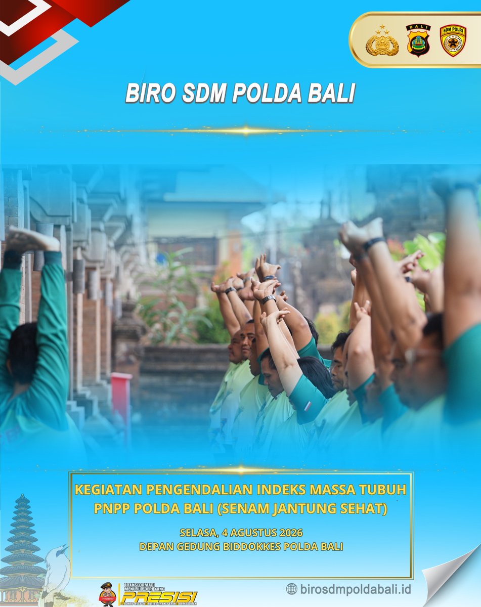 bagsdm1's tweet photo. Program GERCEP (Gerak Cegah Obesitas Personil) Polda Bali berguna untuk mencegah obesitas, meningkatkan kebugaran, dan menjaga kesehatan anggota.

Fungsi Utama kegiatan ini adalah

Program Penyuluhan Gizi
Memberikan edukasi tentang cara mengatur berat badan yang benar. https://t.co/GTe1hxnA89