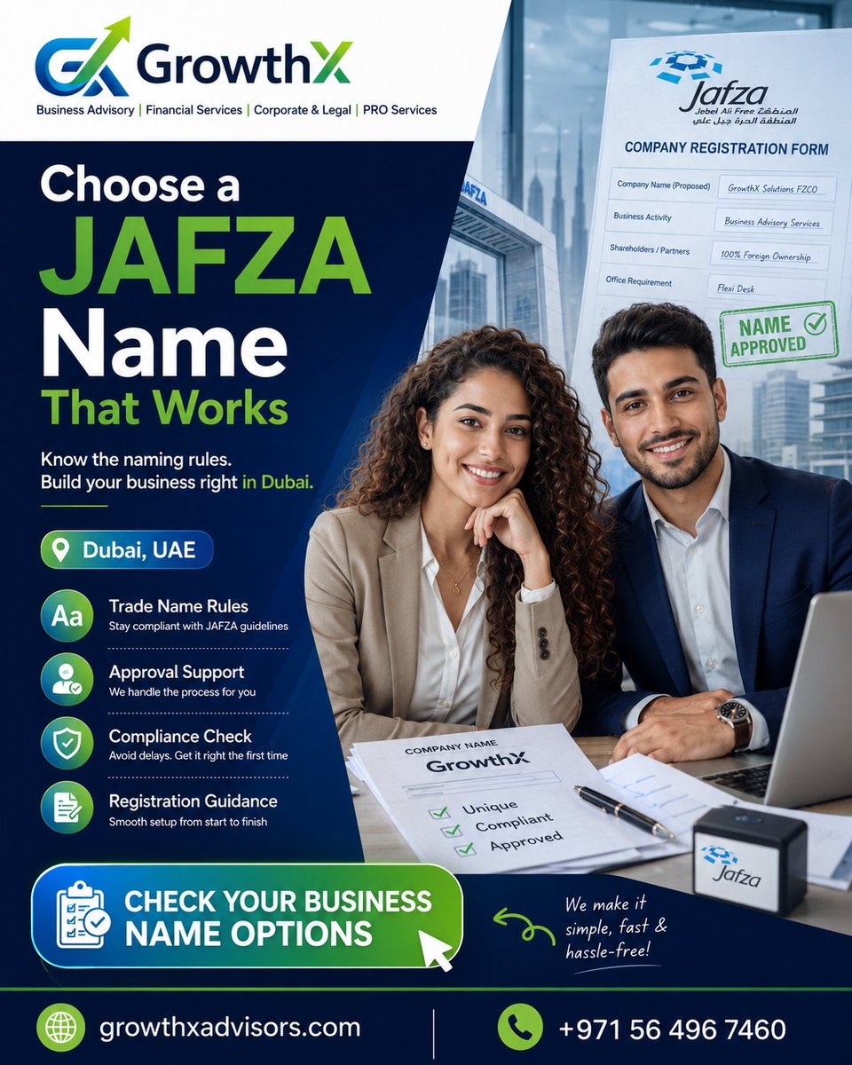 growthxadvisor's tweet photo. What Naming Rules Apply for JAFZA Companies?

📞 +971 56 496 7460

🌐 https://t.co/9VOjIih2Mk

#JAFZACompanyName #TradeNameDubai #JAFZARegistration #CompanyNameApprovalDubai https://t.co/l6x1BldJlo