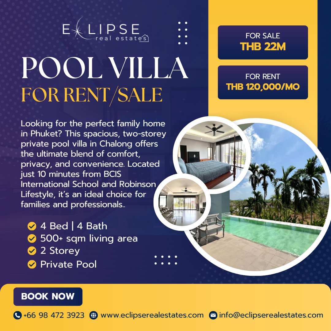 EclipseThailand's tweet photo. Modern Luxury Pool Villa in Chalong
4 Bed | 4 Bath | 500+ Sq.m.
💰Sale: THB 22M
🏠 Rent: THB 120,000/month (1-year lease)
📩 Short-term rental available upon request.
Villa details: https://t.co/a1CmtGEuQc
DM for details & viewing.
#Phuket #RealEstate #PoolVilla #VillaForSale https://t.co/5XTgnAqgzC