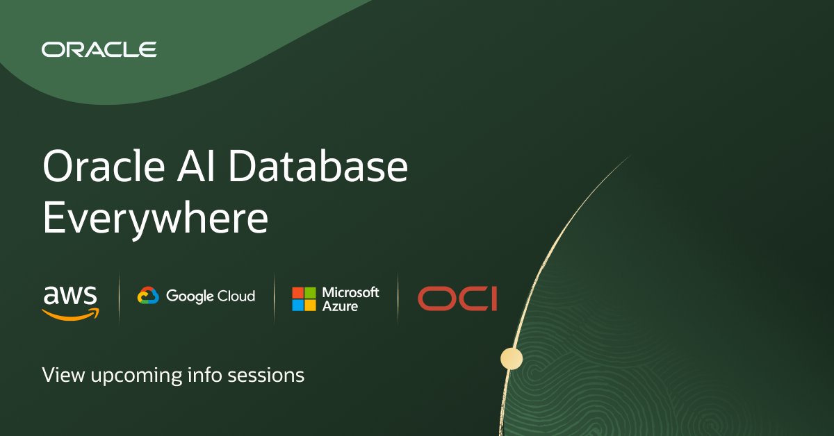 harryrocks16's tweet photo. Looking to bring your data closer to the AI, analytics, and cloud services your team already uses? Join Oracle's upcoming info sessions to discover how Oracle AI Database can run everywhere in the cloud of your choice. https://t.co/cBJ9HTWSPq https://t.co/jztWc9w7dl