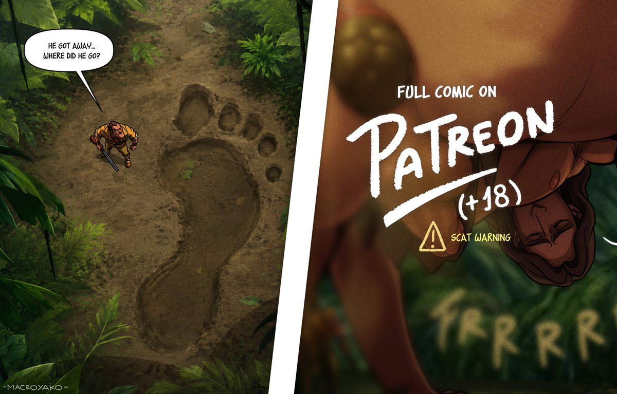 macroyako's tweet photo. (6 panel comic) Clayton didn't expect to come across such a large prey... much less expect to be standing right on the toilet ground.

Full version on patreon

#macrophilia https://t.co/h9Up81UGG6