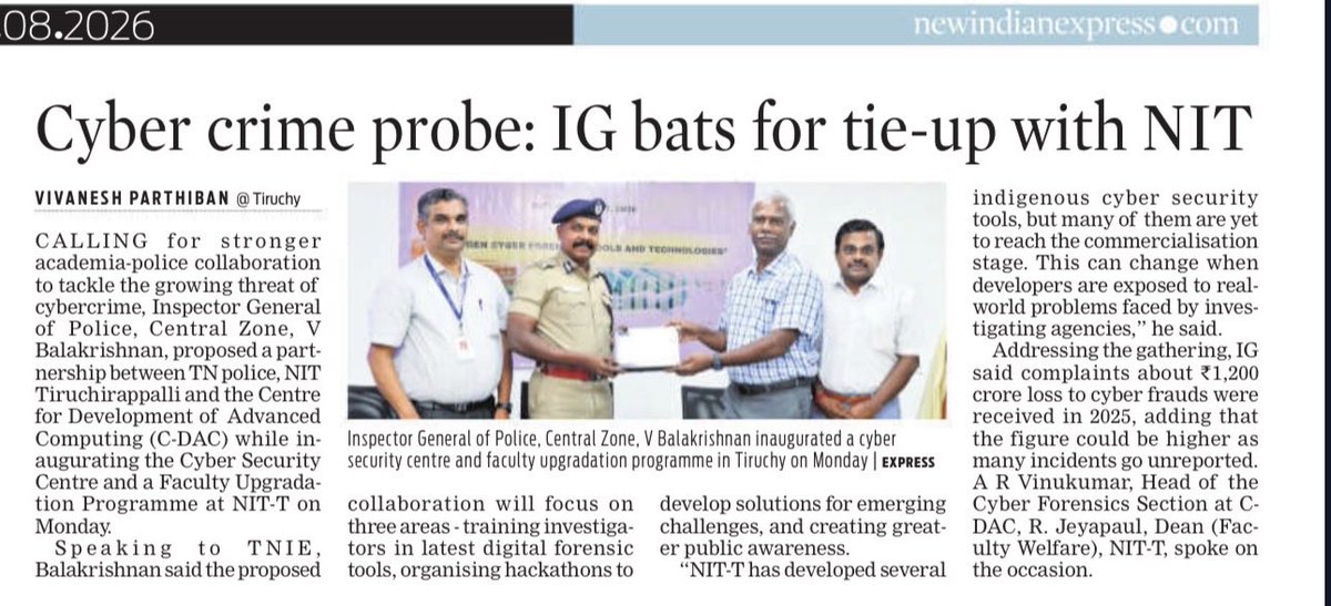 VivaneshTNIE's tweet photo. A three-way collaboration between the #TNPolice,  #NITTrichy and @cdacindia to advance cyber security research, digital forensics and specialised training was proposed by Inspector General of Police, Central Zone, V. Balakrishnan, while inaugurating the Cyber Security Centre at NIT-T on Monday. #CyberSecurity @xpresstn