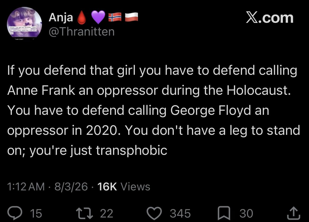 DebunkGunk's tweet photo. A black trans speaker was rejected from an event for wanting to talk about how they were disproportionately impacted.

An Asian trans woman was harassed off the platform for pointing that shit out.

The white trans women are calling themselves the “George Floyd” of transgenders. https://t.co/mm5hfrbTiZ