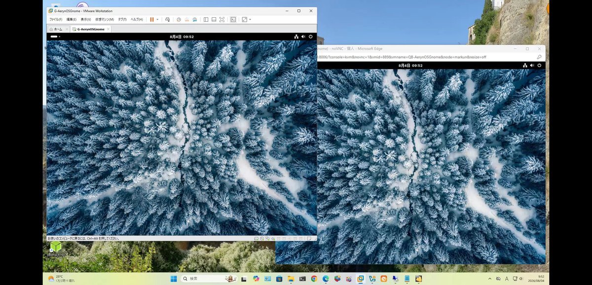 markun8633's tweet photo. また⋯💦

AerynOS 2026.08 Gnome選択
 VMwareWorkstation*1、Proxmox、
 Virtualbox-*2 ⭕️*3、Hyper-V ❌️LiveNG
 Updateなし、日本語表示、
 ブラウザ、レスOK
 *1 3D *2 VboxVGA,desktopFreezeあり
 *3 Uefi 
 前版同様gpart(sda1-3)-Installer
 →Download時shm不足
 取り敢えずmem4G→6-8Gで⋯😋 https://t.co/O0bQZ8LUYF