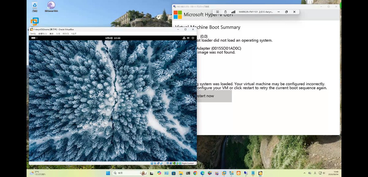 markun8633's tweet photo. また⋯💦

AerynOS 2026.08 Gnome選択
 VMwareWorkstation*1、Proxmox、
 Virtualbox-*2 ⭕️*3、Hyper-V ❌️LiveNG
 Updateなし、日本語表示、
 ブラウザ、レスOK
 *1 3D *2 VboxVGA,desktopFreezeあり
 *3 Uefi 
 前版同様gpart(sda1-3)-Installer
 →Download時shm不足
 取り敢えずmem4G→6-8Gで⋯😋 https://t.co/O0bQZ8LUYF