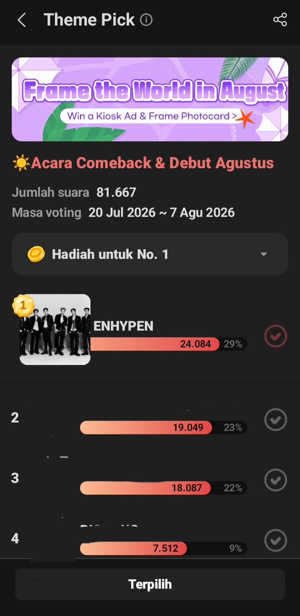 etherln's tweet photo. hi engene! udah vote enhypen di choeaedol belum hari ini? yang belum vote, yukk vote dulu! gak susah &amp; gak perlu mulung kok. ayo terus jauhin gap nya sampe tanggal 7, njin! jangan lupa collect buat cb enha di tanggal 21 agustus juga yaa https://t.co/4TCv2thxbc
