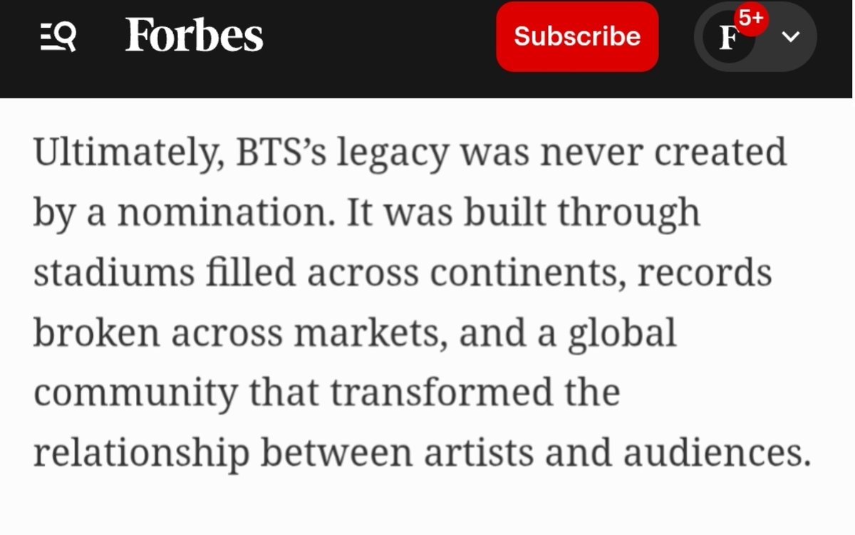 Yoon_kookie97's tweet photo. [Forbes] 

- “BTS’s legacy was never created by a nomination. It was built through stadiums filled across continents, records broken across markets, and a global community that transformed the relationship between artists and audiences” 🔥 https://t.co/N1G2Sx0Xuv