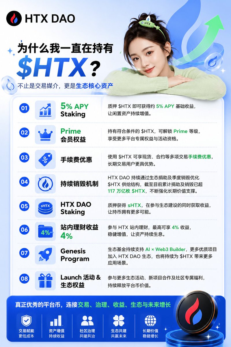 Xiaodu_HTX's tweet photo. 对于平台币而言，真正重要的不只是价格，更是持续的生态价值与实际应用场景。

目前，$HTX 已逐步构建起覆盖交易、收益、生态、治理等多个维度的价值体系：

🉐HTX DAO Staking
当前质押 $HTX 可享约5%基础 APY（以页面实时显示为准），质押后获得 sHTX，在获取收益的同时参与 HTX DAO 生态。

💰站内理财
支持 $HTX 站内理财，最高可享 4% 收益（以平台实时页面为准），提升闲置资产利用效率。

👑 Prime 会员权益
持有符合条件的 $HTX，可解锁 Prime 权益，享受更多平台专属福利及活动资格。

💸 手续费优���
使用 $HTX 可享受现货及合约交易手续费优惠，为高频交易用户进一步降低交易成本。

🔥 持续优化代币供给
HTX DAO 持续推进季度捐助及销毁机制，不断优化 $HTX 供给结构。截至目前，累计捐助及销毁已超 117.79 万亿枚 $HTX，持续强化生态长期价值支撑。

🚀 Genesis Program
HTX DAO 持续推进 Genesis Program，围绕 AI × Web3 Builder 建设生态，支持更多创新项目落地，进一步拓展 $HTX 的应用场景。

🌍 生态持续扩展
从交易、理财、质押，到生态建设与社区治理，$HTX 正在不断丰富自身价值体系，为生态参与者提供更多长期权益。

对于长期关注 HTX 生态的用户来说，$HTX 不只是一个平台代币，更是连接生态权益与社区共建的重要载体。

了解更多👇
https://t.co/OF4GWxhMkP
https://t.co/IxSPyff9XI

#HTX #HTXDAO #HTX #Web3 #Crypto #Staking