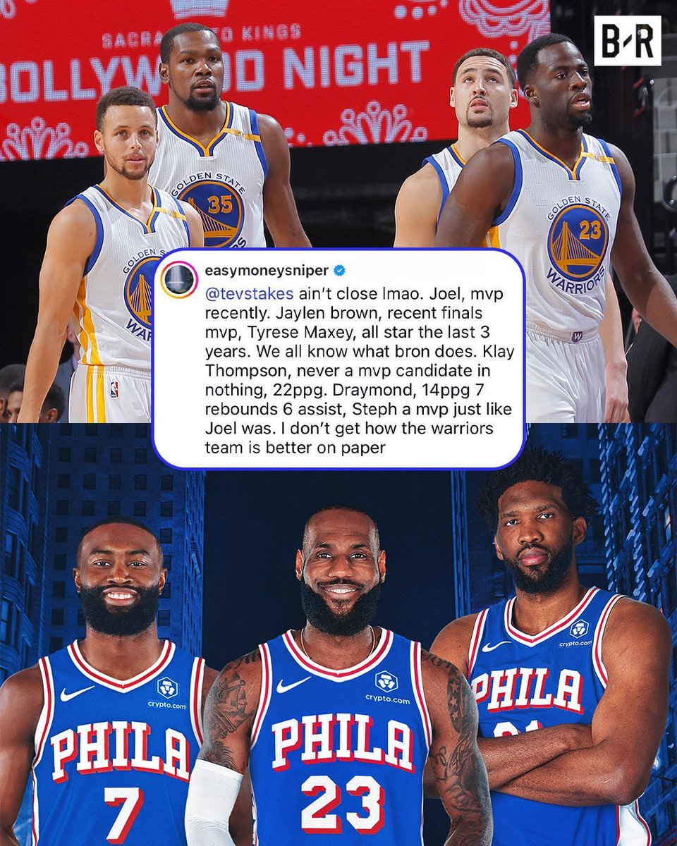 NBAdoPovo's tweet photo. Kevin Durant no Instagram falando que o novo Philadelphia 76ers é melhor que o Warriors 2017 no papel

"Nem chega perto, hahaha. Joel (Embiid), MVP recentemente. Jaylen Brown, MVP das Finais recentemente. Tyrese Maxey, All-Star nos últimos três anos. Todo mundo sabe o que o LeBron faz.

Klay Thompson nunca foi sequer candidato a MVP, faz 22 pontos por jogo. Draymond, 14 pontos, 7 rebotes e 6 assistências. Steph é um MVP, assim como o Joel.

Eu não entendo como dizem que o Warriors é melhor no papel."