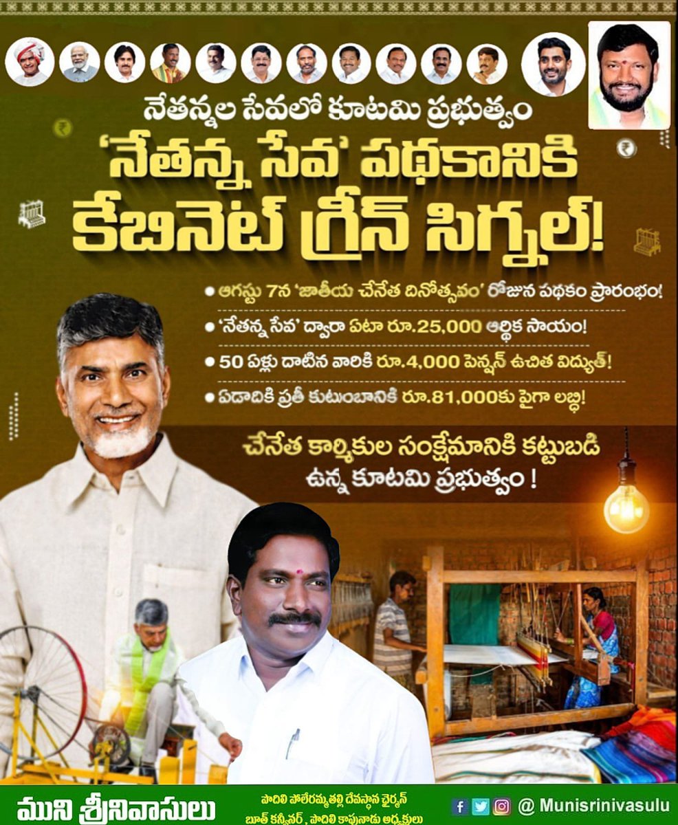 muni_srinu's tweet photo. మన రాష్ట్రంలోని చేనేత కార్మికుల జీవితాల్లో వెలుగులు నింపేందుకు ప్రియతమ ముఖ్యమంత్రి శ్రీ నారా చంద్రబాబు నాయుడు గారి నాయకత్వంలోని మన ఎన్డీఏ కూటమి ప్రభుత్వం గొప్ప నిర్ణయం తీసుకుంది. చేనేత రంగానికి పునర్వైభవం తీసుకువచ్చేలా

#NethannaSeva  
#ChandrababuNaidu 
#HandloomWeavers https://t.co/ZH7vnPrCIv
