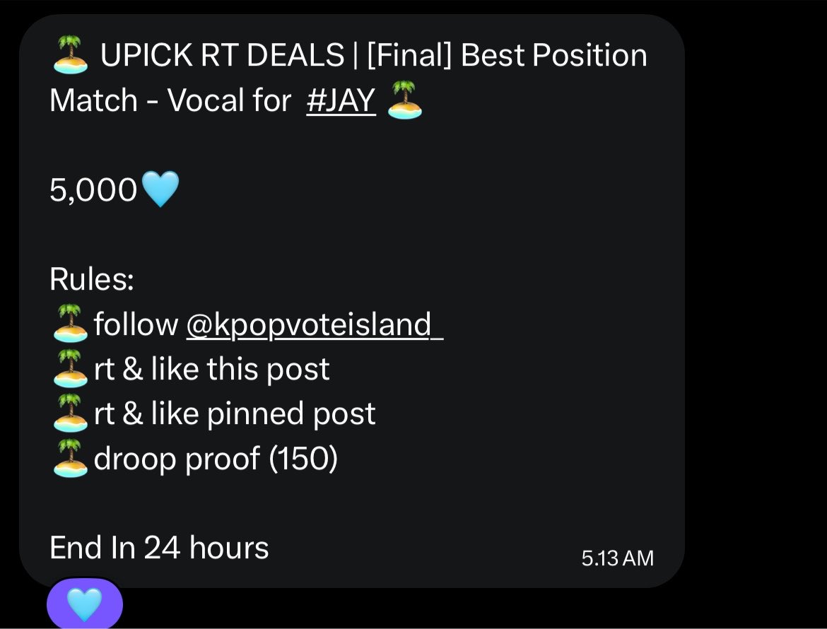 byjay02's tweet photo. 🏝️ UPICK RT DEALS | [Final] Best Position Match - Vocal for  #JAY 🏝️

5,000🩵

Rules:
🏝️follow @kpopvoteisland_
🏝️rt &amp; like this post
🏝️rt &amp; like pinned post
🏝️droop proof (150)

End In 24 hours https://t.co/5YfI3sPOxh