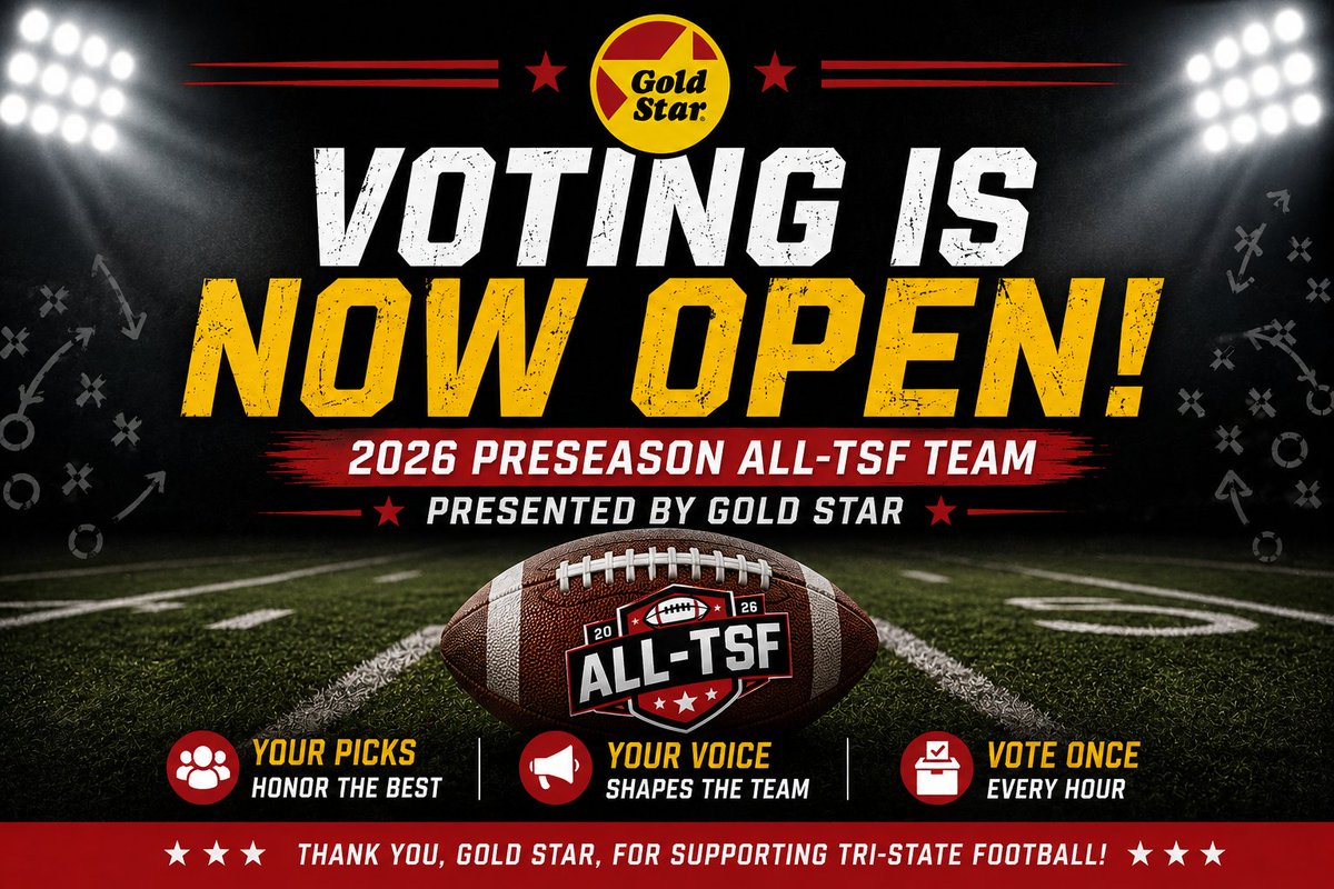 tsfootball's tweet photo. 🏈 Voting is NOW OPEN for the remaining 2026 Preseason All-TSF Team presented by @GoldStarChili! Help recognize the Tri-State's top returning players by casting your ballot for Offense, Defense &amp; Specialists. 🗳️⬇️
🔗 https://t.co/bAxrsPKVa5 https://t.co/FqYmidQUU2