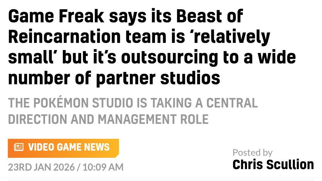 PlayerEssence's tweet photo. There is a huge misconception about Beast of Reincarnation from Game Freak that I keep seeing online (not from Stealth). 

The game is largely outsourced, a very small team at Game Freak was essentially telling the outsourced teams what to do.

The game was not made by the whole Pokemon team or anything.