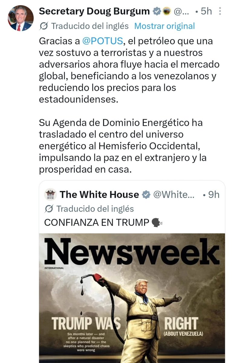 maibortpetit's tweet photo. Burgum lo tiene claro: el régimen de Maduro y Delcy Rodríguez utilizó durante años el petróleo venezolano para financiar el terrorismo y a los adversarios de Estados Unidos. Recordemos que Delcy siempre controló, desde los más altos cargos del régimen, la política petrolera y PDVSA. Hoy, Washington asegura que ese petróleo debe beneficiar a los venezolanos y no seguir financiando los intereses del chavismo.