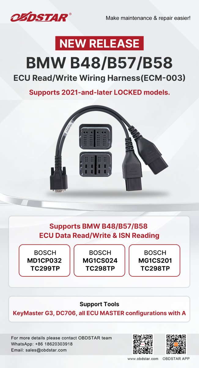 ObdstarTec's tweet photo. 🚀 Now Available!
Introducing the ECM-003 Wiring Harness, purpose-built for ECU data read/write and ISN reading on BMW B48, B57, and B58 ECUs.
#obdstar #carrepair #diagnostics #BMW https://t.co/LMGN6LZUuH