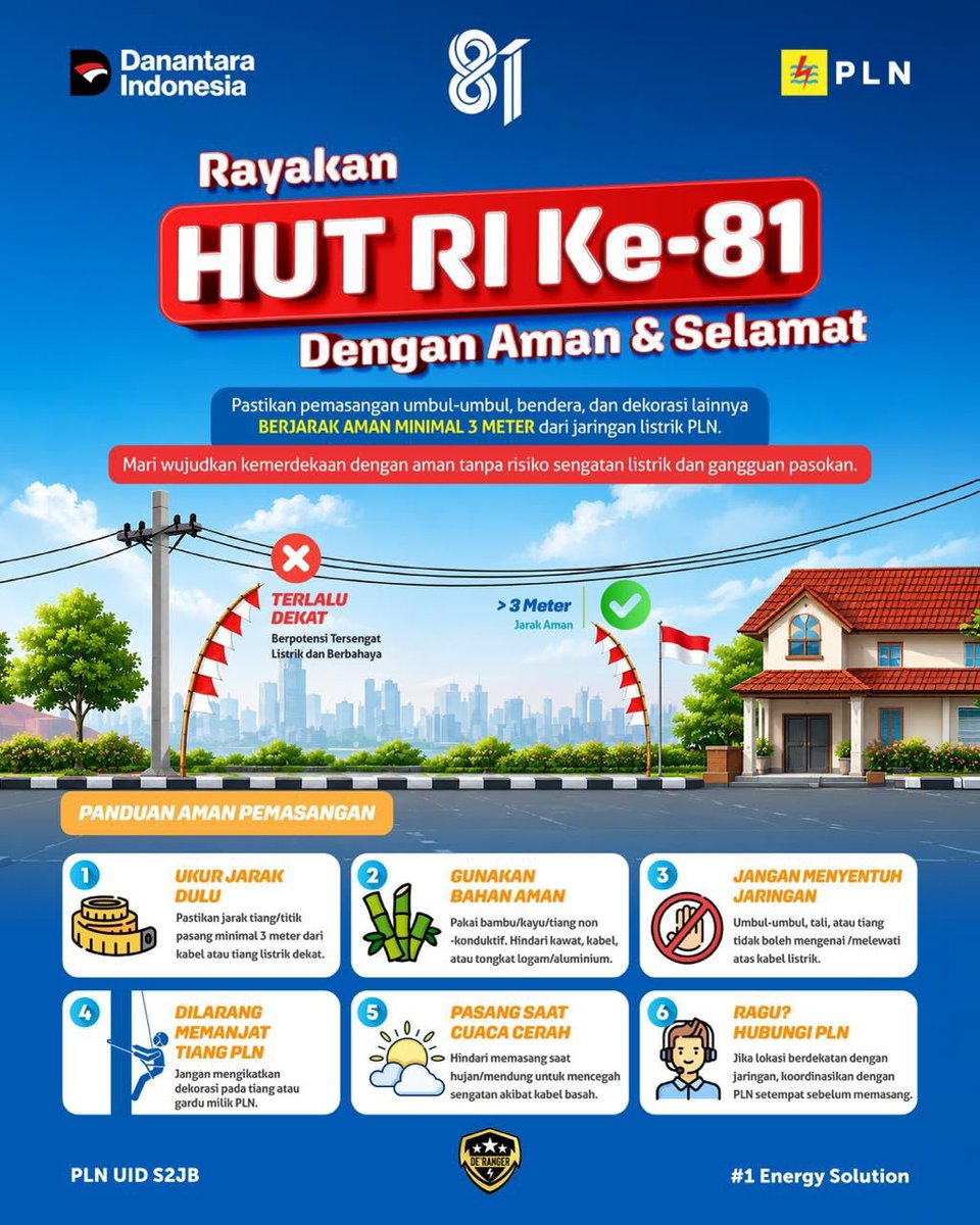 electrizen_JMB's tweet photo. Rayakan HUT ke-81 RI dengan aman dan selamat!
 Kibarkan semangat kemerdekaan, bukan risiko. Pastikan bendera dan umbul-umbul terpasang minimal 3 meter dari jaringan listrik PLN demi keselamatan bersama.

#plns2jb #PLNJagaKamu #17Agustus #PLNUntukIndonesia #1EnergySolutions https://t.co/mUDfn5UrBQ