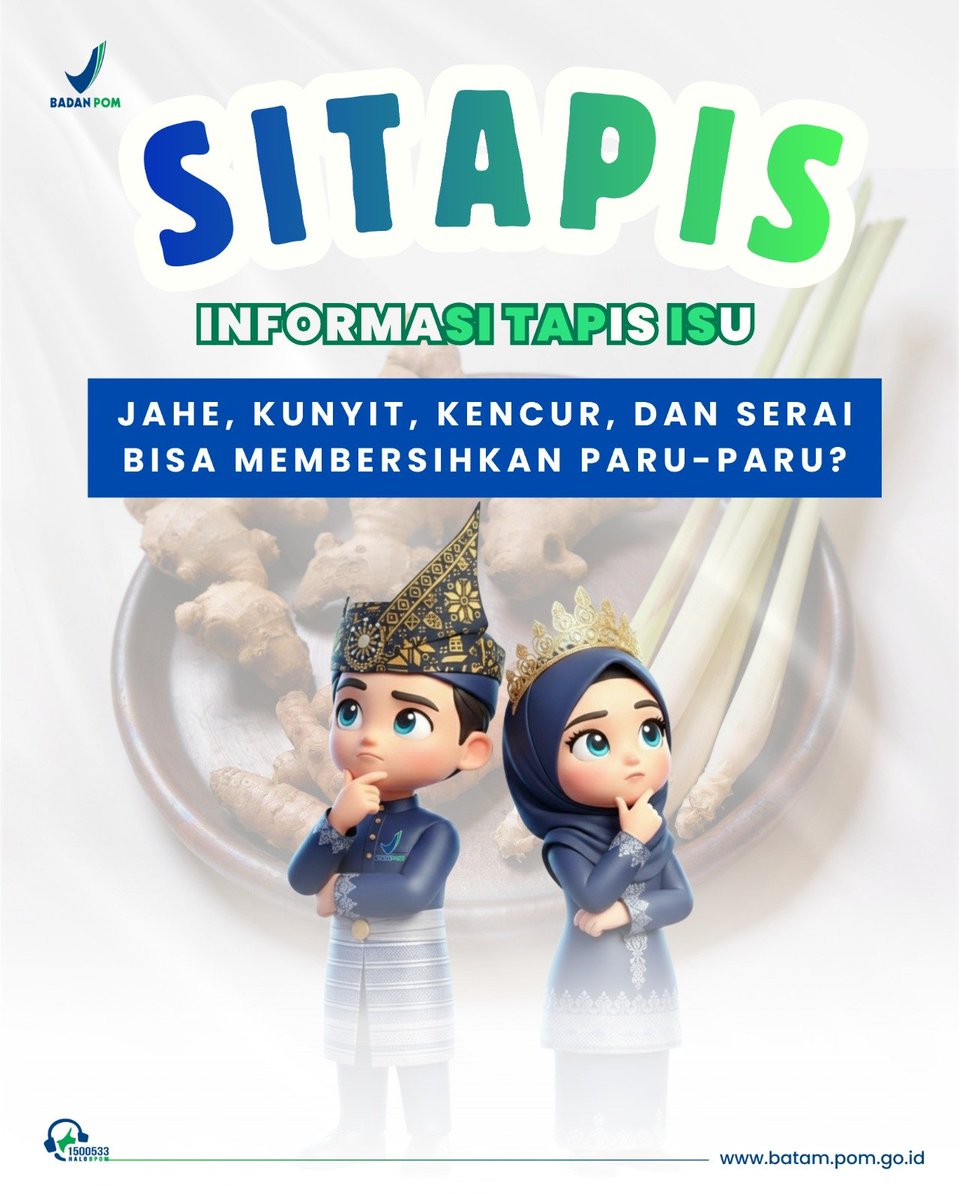 bpom_batam's tweet photo. Hai Encik &amp; Puan #SahabatBPOM! 👋

Beredar informasi bahwa ramuan jahe, kencur, kunyit, dan serai dapat membersihkan paru-paru. Faktanya, klaim tersebut belum memiliki bukti ilmiah yang cukup. https://t.co/czHxh1yWUs
