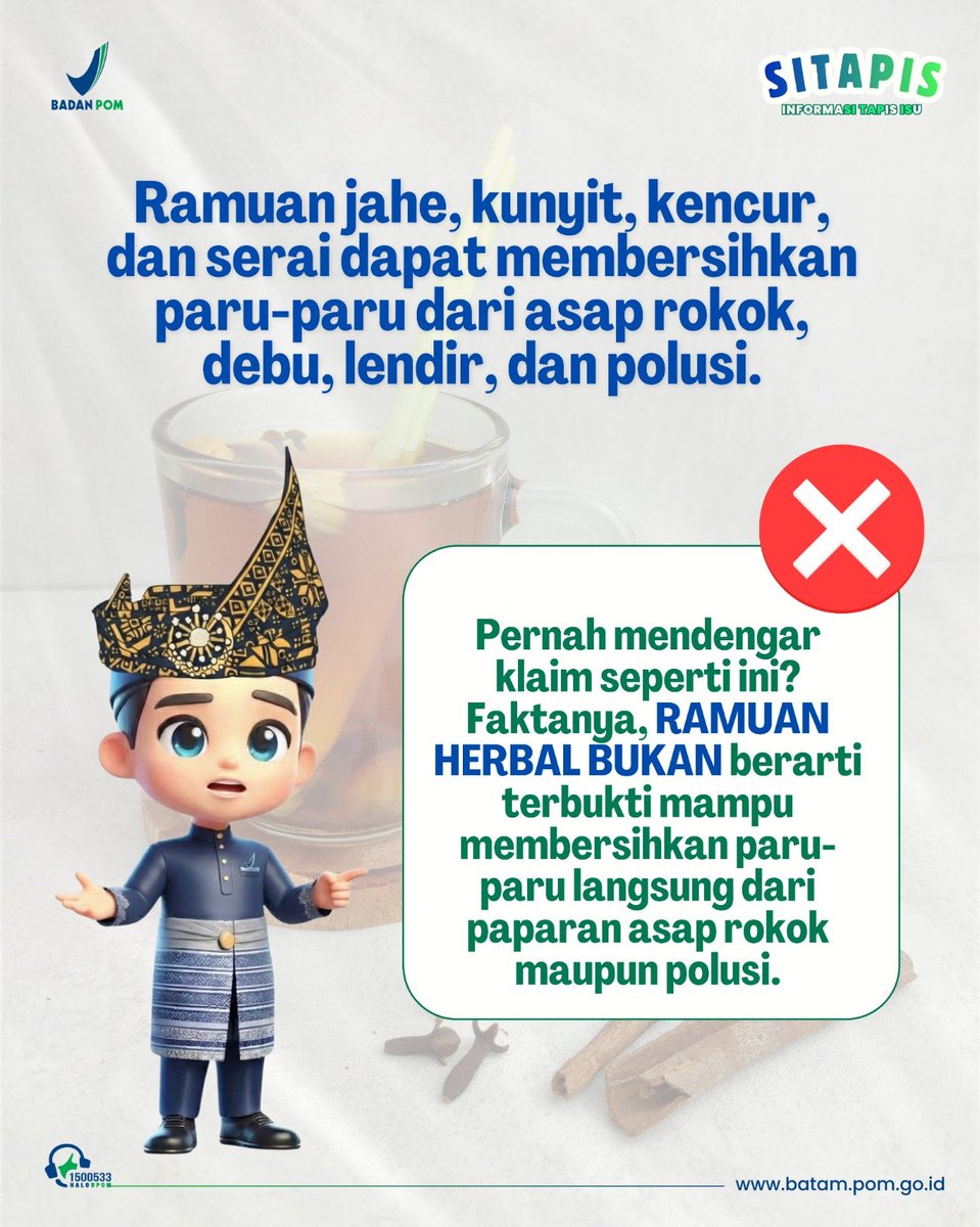 bpom_batam's tweet photo. Hai Encik &amp; Puan #SahabatBPOM! 👋

Beredar informasi bahwa ramuan jahe, kencur, kunyit, dan serai dapat membersihkan paru-paru. Faktanya, klaim tersebut belum memiliki bukti ilmiah yang cukup. https://t.co/czHxh1yWUs