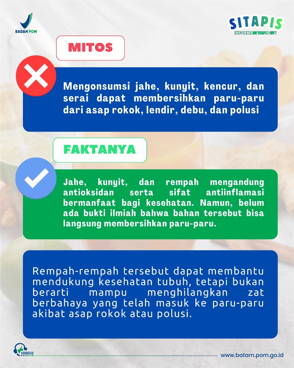 bpom_batam's tweet photo. Hai Encik &amp; Puan #SahabatBPOM! 👋

Beredar informasi bahwa ramuan jahe, kencur, kunyit, dan serai dapat membersihkan paru-paru. Faktanya, klaim tersebut belum memiliki bukti ilmiah yang cukup. https://t.co/czHxh1yWUs