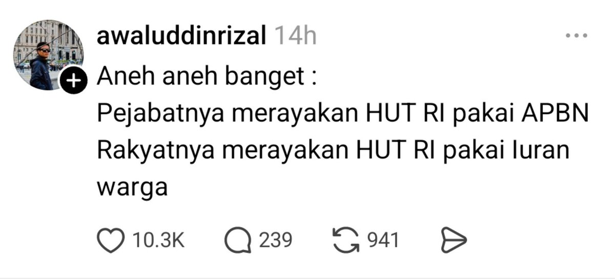 dosenkesmas's tweet photo. Dipikir pikir...
Bener juga kata Abang kita ini:

Pejabat rayain HUT RI pakai APBN
Rakyat rayain HUT RI pakai Iuran warga https://t.co/fje2Ifvzrn