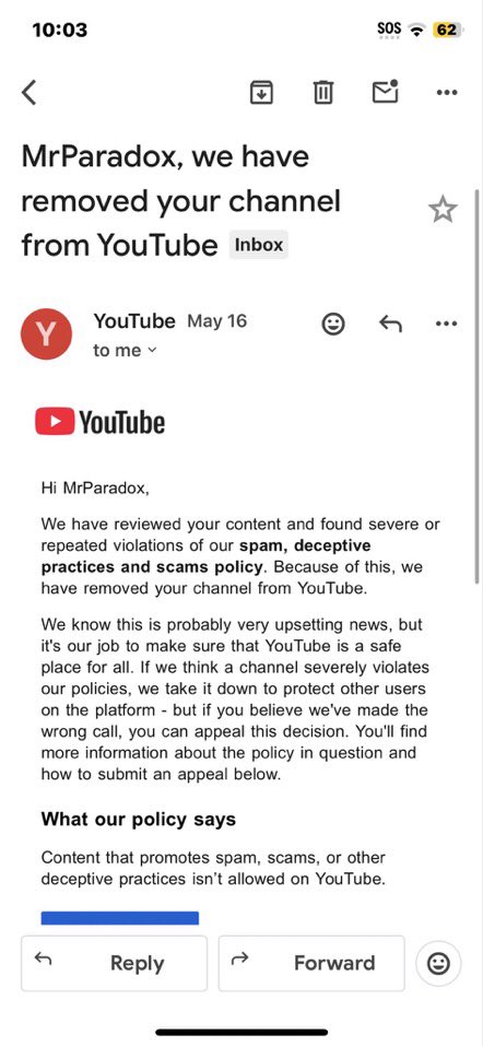MrParadox6000's tweet photo. Years of work shouldn’t disappear in seconds. YouTube creators deserve warnings, human reviews, and a chance to fix honest mistakes before permanent termination. ❤️🔁
💬 +@TeamYouTube . #YouTubeAIWrongedCreators 
Yt pls unban my MrParadox 193k subs channel back I had real proof. https://t.co/R8LGn8M56o
