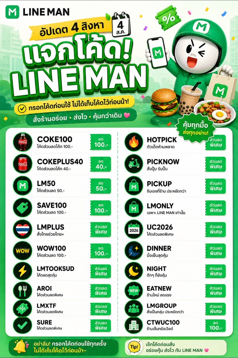 Blueterbear's tweet photo. อัปเดทโค้ด #LINEMAN เดือนสิงหาคม 26 
พิกัดใช้โค้ดสั่งอาหาร🌟 👉🏻https://t.co/jatN7QwRSj

COKE100
COKEPLUS40
LM50 🌟
SAVE100🌟
LMPLUS ไทยช่วยไทย
LMTOOKSUD
WOW100
SURE🌟 ใช้ได้บ่อย
AROI🌟 ใช้ได้บ่อย
HOTPICK
EATNEW🌟 ร้านใหม่
DINNER
NIGHT
LMXTF
LMONLY
PICKNOW
PICKUP
LMGROUP🌟 กลุ่ม
UC2026🌟ร้านดัง
CTWUC100