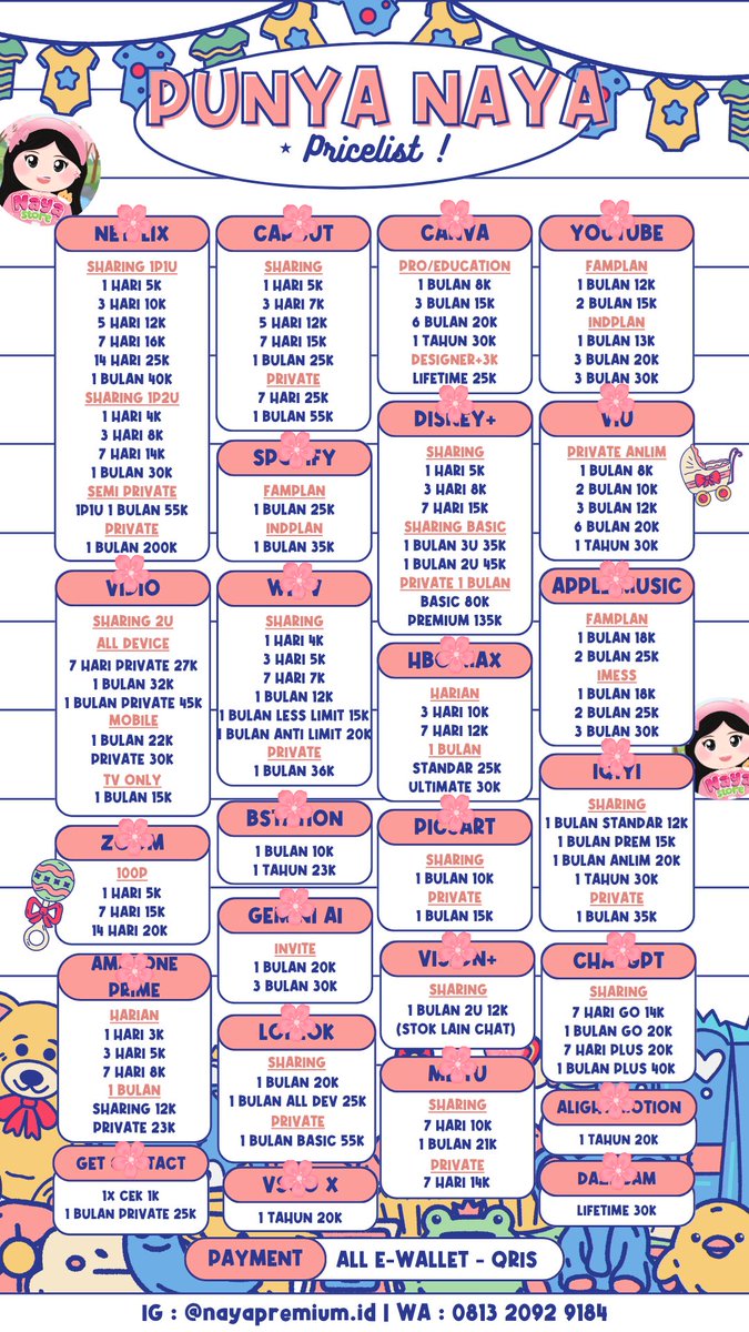 tinkurdels's tweet photo. READY APP PREM 🙌🏻

✨ NETFLIX
✨ CAPCUT
✨ CANVA
✨ VIU
✨ WETV
✨IQIYI
✨APPMUS
✨ LOKLOK
✨BSTATION

yang lain boleh tanya duluu😍 
order lewat  https://t.co/44C36JSVT6 only

#zonauang #bealanja #appprem #zonajajan https://t.co/Ge7rU0ckie