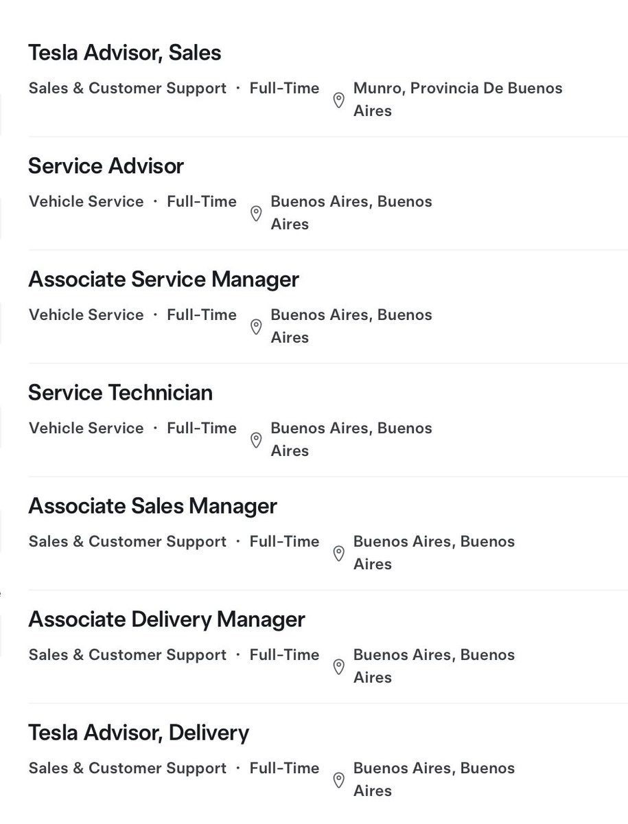 SawyerMerritt's tweet photo. Tesla is officially preparing to launch vehicle sales in Argentina.

The company has posted multiple job listings in Buenos Aires:
• Sales Advisor
• Associate Service Manager
• Service Technician
• Associate Delivery Manager
• Tesla Advisor, Delivery
• Service Advisor

This will be the 4th market in South America with official Tesla presence after Chile, Colombia and Uruguay.