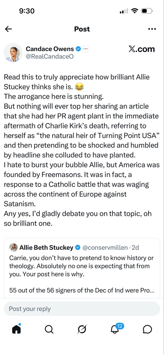 scady002's tweet photo. @CarriePrejean1 But according to Candace, America was not rooted in all those things, it was founded by Freemasons according to Candace. So it was not founded by Protestants OR Catholics and all the things you cite are from the Freemasons. Y’all need to get your history straight https://t.co/Bg2zOc9E4b