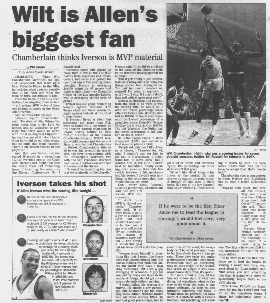 WiltStats's tweet photo. Wilt Chamberlain on watching Allen Iverson in 1999:

"I watch Allen, his scoring is a marvel. He shoots a low percentage, but he doesn't get too many easy shots... He's one of the few players I truly enjoy watching." https://t.co/iRPTjcFF5A