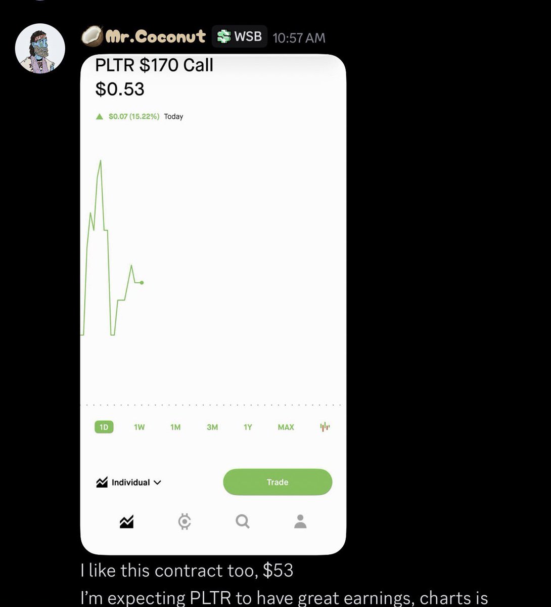 CoconutTrades's tweet photo. Come Trade with me, 11am we were locked in 🥥 #pltr #earnings #coconuttrades https://t.co/s0SZDTucGP
