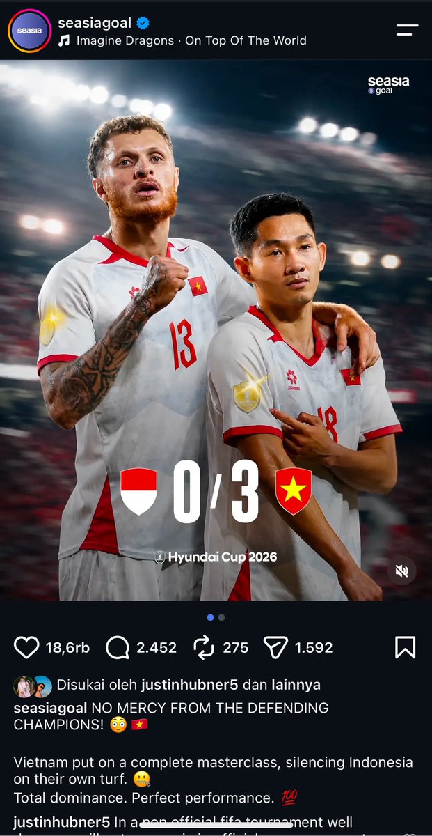suporter_media's tweet photo. 📲 Setelah pertandingan lawan Vietnam semalem, Justin Hubner komen di di postingan akun SeasiaGoal soal Timnas Vietnam:

“Di turnamen yang tidak resmi FIFA, kalian bermain sangat bagus. Selamat ya. Kita akan ketemu lagi di kompetisi resmi 👍🏽.”

El Preman udah panass banget bre, salut sama nasionalismenya. 🫡