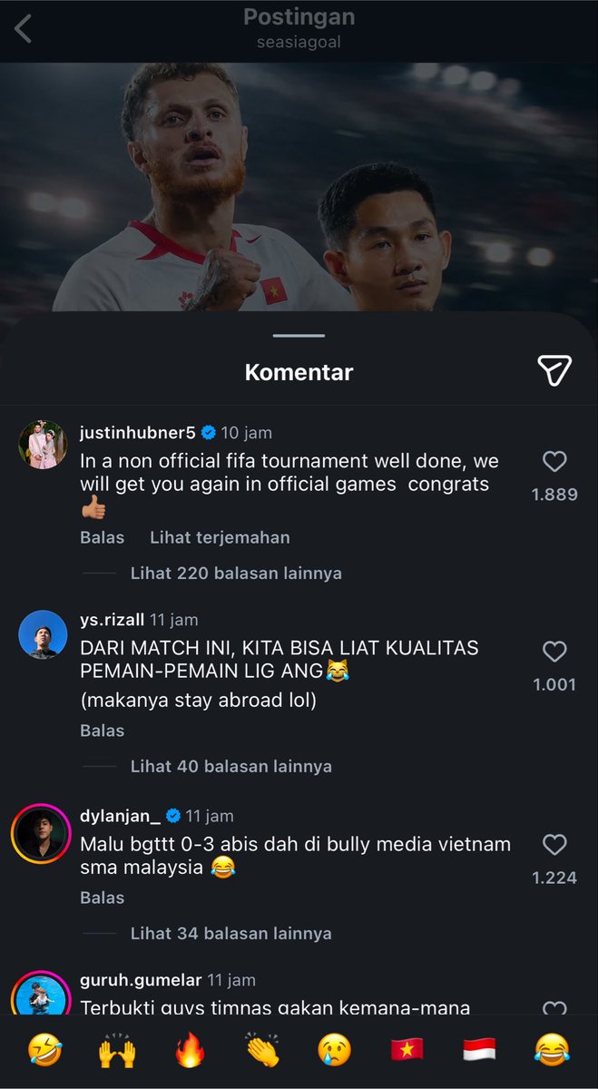 suporter_media's tweet photo. 📲 Setelah pertandingan lawan Vietnam semalem, Justin Hubner komen di di postingan akun SeasiaGoal soal Timnas Vietnam:

“Di turnamen yang tidak resmi FIFA, kalian bermain sangat bagus. Selamat ya. Kita akan ketemu lagi di kompetisi resmi 👍🏽.”

El Preman udah panass banget bre, salut sama nasionalismenya. 🫡