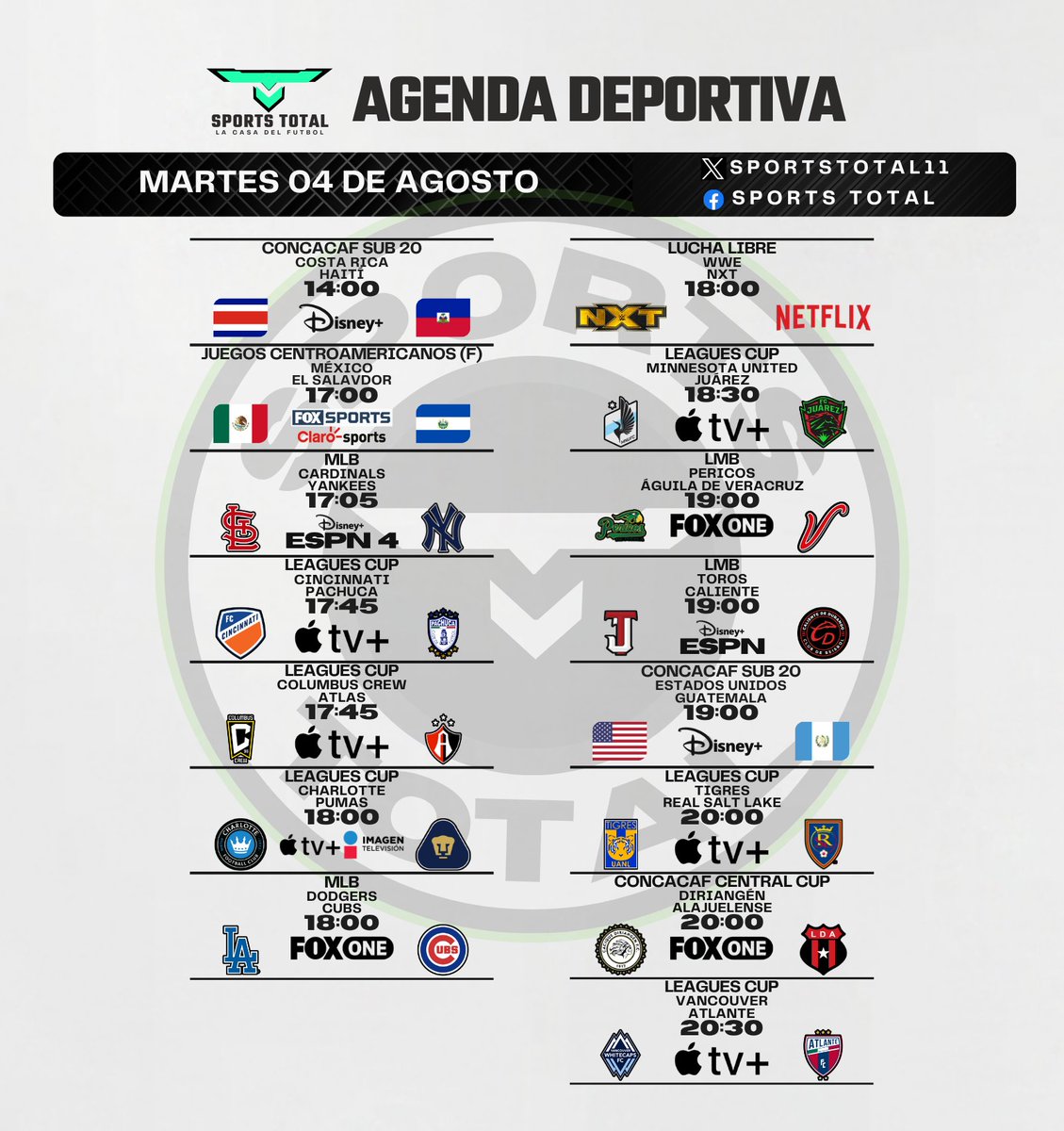 SportsTOTAL11's tweet photo. 🚨 ¡Arranca La Leagues Cup!
⚽ La Agenda Deportiva Total Viene Cargada Con El Inicio Del Torneo.
👀 ¿A Cuál Le Prendes? https://t.co/IWm4uCyHhI