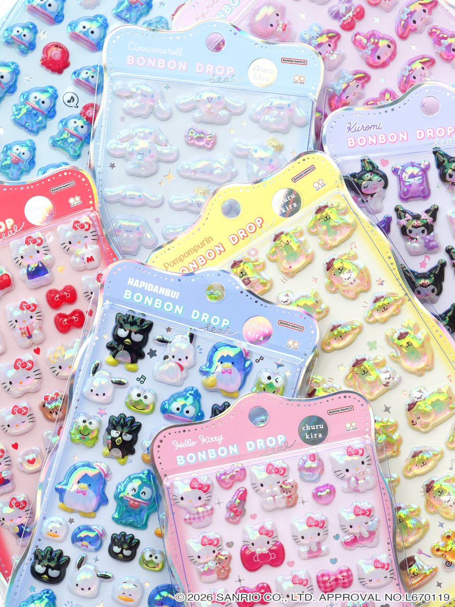 bonbon_drop's tweet photo. 🎀 NEWデザイン 🎀  大人気✨ボンボンドロップシール サンリオキャラクターズ シリーズより churukiraが登場🐰💖  角度によってキラッと輝く オーロラ加工のデザインです💖  💛8月上旬発売予定💛 ・ハローキティ　ピンク ・マイメロディ ・ハンギョドン

🧡9月発売予定🧡
・ハローキティ　レッド
・ポムポムプリン
・シナモロール
・クロミ
・はぴだんぶい