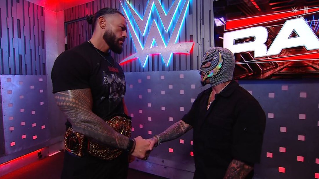 WrestlePurists's tweet photo. Rey Mysterio to Roman Reigns at the end of RAW:

“You know I’m the General Manager of AAA… let me run something by you.”

👀

#WWERAW https://t.co/ONcevmMyK8