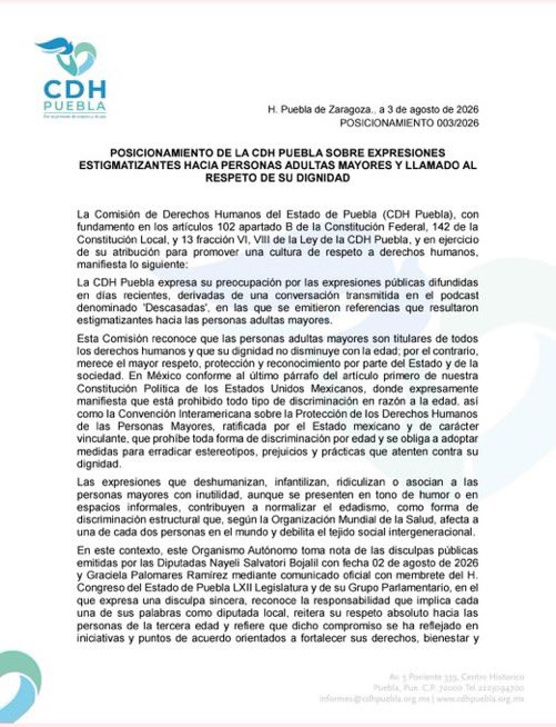 MarthaIBerraA's tweet photo. 📢👵 Ahora sí les llamaron la atención. La @CDHPuebla pidió a las diputadas #NaySalvatori y #GracePalomares ofrecer disculpas públicas efectivas, capacitarse en derechos humanos y garantizar que no volverán a emitir expresiones discriminatorias contra personas adultas mayores.

☀️📰 De lunes a viernes, de 6 a 9 a.m., escucha #ATiempoNoticias por La Tropical Caliente 102.1 FM 📻 o en nuestras redes sociales.📱