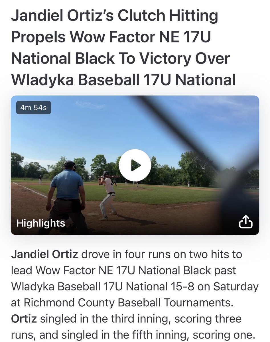 Jandielortiz2's tweet photo. 6/6/26-2026 17u PG Super 25 Mid-Atlantic Regional
Wow Factor NE 17u National Black vs Wladyka Baseball 17u National.
Single in third inning scoring 3 runs
Single in the fifth inning scoring 1 run
#uncommitted2027 #uncommitted #classof2027 #recruitme #njbaseball #baseballrecruiting #lefthandedbatter #lefthandedpitcher #lefty #outfielder #LHP #RBI #studentathlete