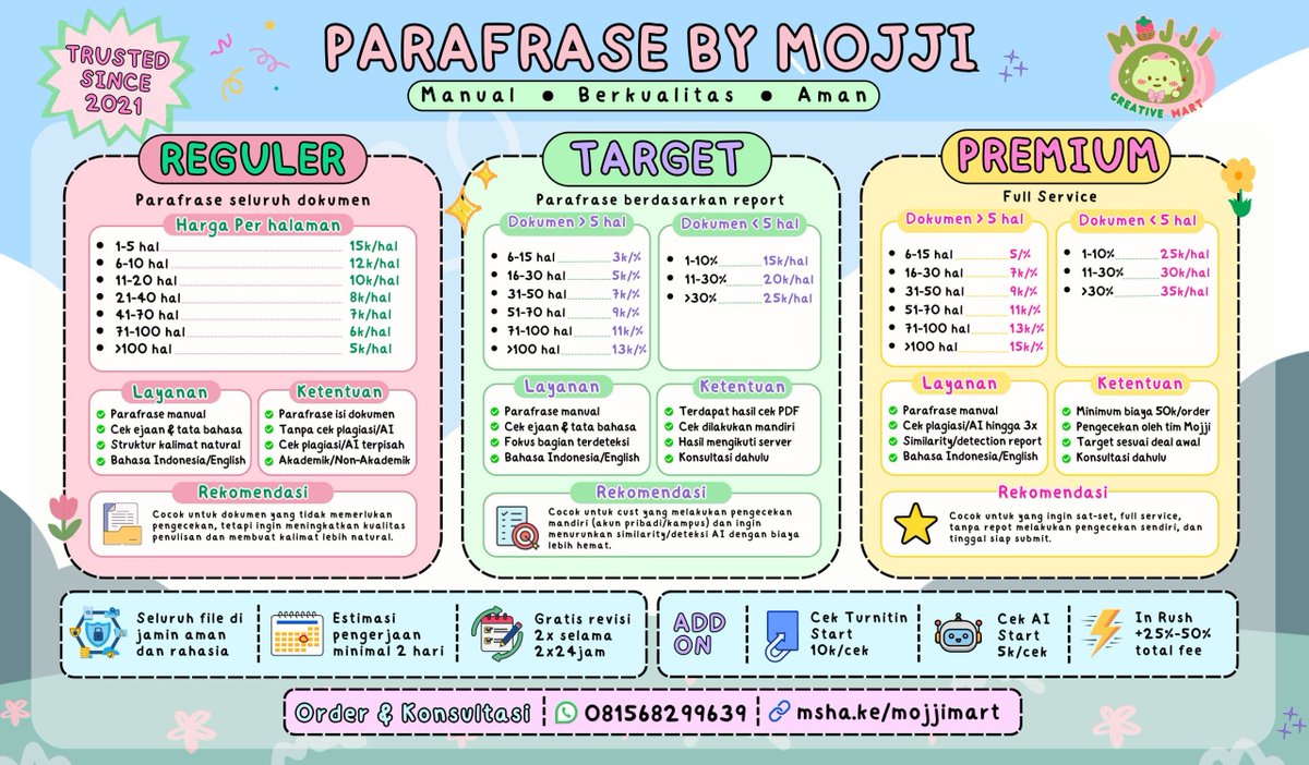 creamousse's tweet photo. Mojji open parafrase penurunan presentase turnitin &amp; AI yaaa ✨️ 🤩   

parafrase dokumen sampe nilai presentase kamu turuuun, BISAA BANGET 🗯 All jurusan READY! ✨️ trusted 💯 , no AI ✨️ bisa include sekalian cek 🥳

💌 order: https://t.co/GOxhPWqgDh

#bealanja https://t.co/c3U9WVaJ7f