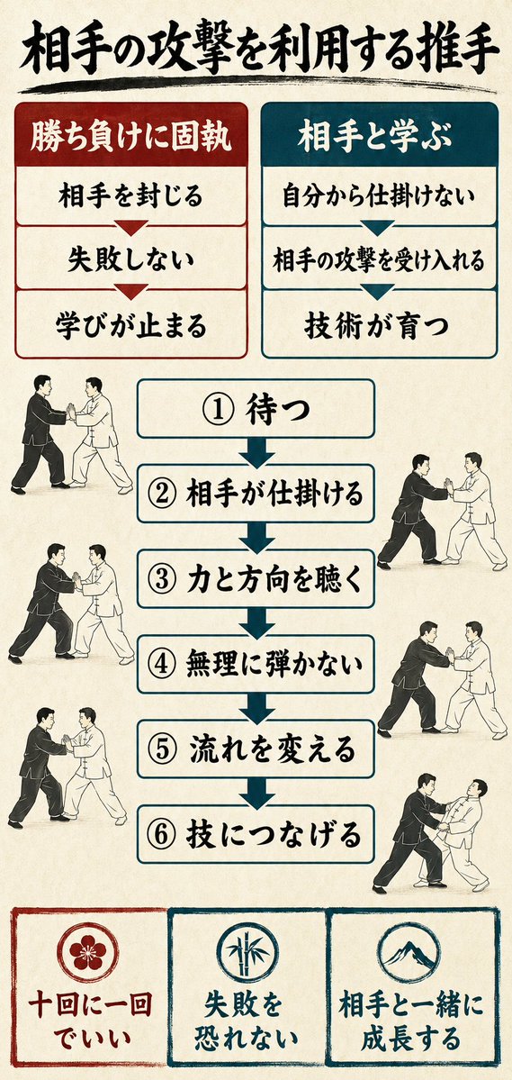 taiwansuisyu's tweet photo. 推手の練習では、相手に何もさせず勝つことだけに固執せず、攻撃を受け入れ利用して技につなげることも大切です。

まず��自分から仕掛けず、相手が動くのを待ってみる。失敗しても気にしない。10回に1回成功すれば十分です。

相手と一緒に楽しみながら成長する。そこに推手の醍醐味があります。 https://t.co/la3hPRqjmh