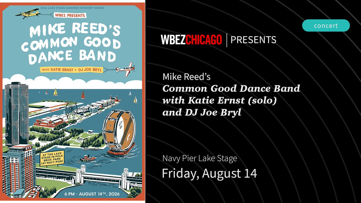 WBEZ's tweet photo. Join us next week at Navy Pier on 8/14 for an incredible night of soul-jazz featuring Mike Reed’s Common Good Dance Band.

Exclusive posters (pictured here) by Ryan Duggan are available on-site!

RSVP: https://t.co/ZdU2ektcYn https://t.co/ygMj5x8jfj