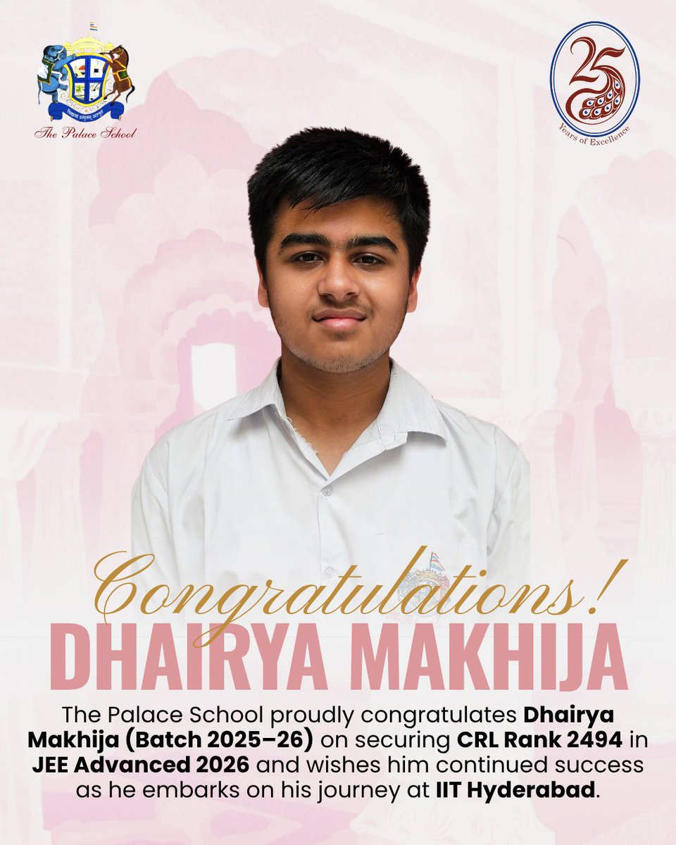 thepalaceschool's tweet photo. Celebrating Excellence!
Congratulations to Dhairya Makhija on securing admission to IIT Hyderabad. Wishing you continued success as you begin this exciting new journey!
#CelebratingExcellence #IITHyderabad #StudentAchievement #ThePalaceSchool https://t.co/ldTv9DNviC