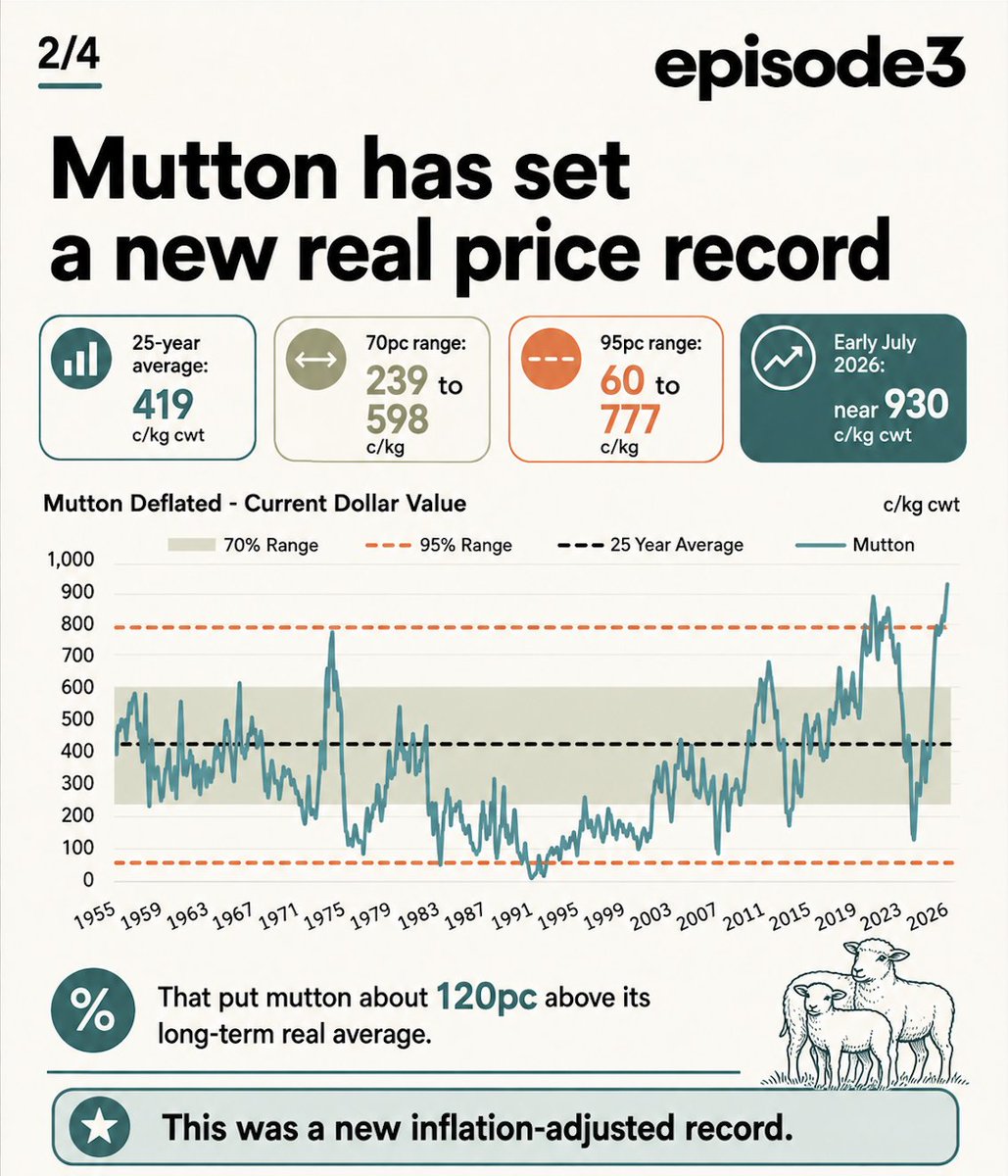 Meat_Watcher's tweet photo. Mutton has broken new ground in real terms.

The July peak near 930c/kg cwt was a new inflation-adjusted record, while trade lamb reached about 1,250c/kg cwt, just 6pc below its 1957 real-price high.

Recent sheep prices were genuinely exceptional. https://t.co/KbVf5nNswC