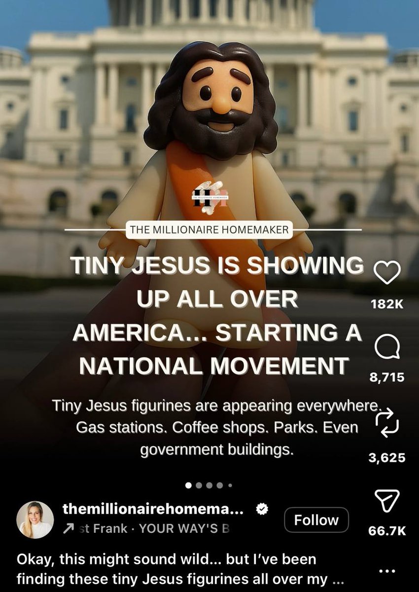 findtinyjesus's tweet photo. The “Jesus Loves You” Tiny Jesus trend is exploding in virality right now, with millions of TikTok views, celebrity participation, and little figurines popping up everywhere from grocery stores and parks to the U.S. Capitol as people worldwide join the fun. 

It all began when a South Carolina church youth group hid tiny rubber Jesus figurines around their building, and a pastor’s TikTok video turned the playful act into a joyful global movement of quiet reminders that “Jesus loves you” and “a little Jesus goes a long way.”  

Our mission:
- amplify this wholesome wave by donating 100% of all accrued fees directly to the originating church at https://t.co/39mkO7l9B4
-create bounties on https://t.co/cbGU63ukjF to incentivize more people to hide and share mini Jesus loves you figures
-- raise awareness and spread the message "A little Jesus goes a long way."

$JLY 

6fEaYuzirTMXFnFo7dGKHJs8wWVFPdh1bfZL9oRPpump