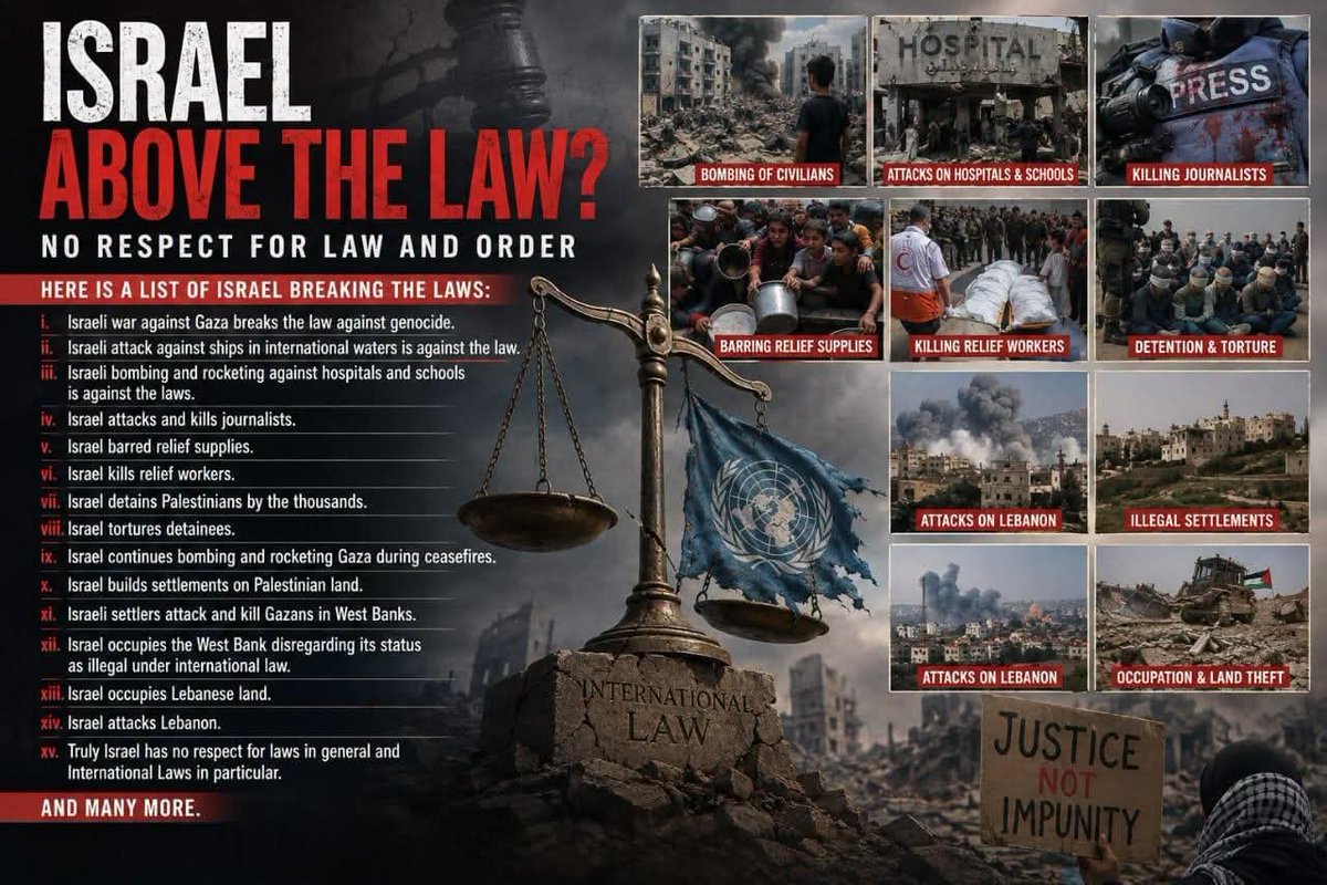 chedetofficial's tweet photo. 𝗟𝗔𝗪 𝗕𝗥𝗘𝗔𝗞𝗘𝗥

1. Laws are designed to protect members of human communities. Without laws life is fraught with fear.

2. Israel seems to consider itself as immune to laws. It breaks the laws all the time.

3. Here is a list of Israel breaking the laws: -

i. Israeli war against Gaza breaks the law against genocide.

ii. Israeli attack against ships in international waters is against the

law.

iii. Israeli bombing and rocketing against hospitals and schools is
 against the laws.

iv. Israel attacks and kills journalists.

v. Israel barred relief supplies.

vi. Israel kills relief workers.

vii. Israel detains Palestinians by the thousands.

viii. Israel tortures detainees.

ix. Israel continues bombing and rocketing Gaza during ceasefires.

x. Israel builds settlements on Palestinian land.

xi. Israeli settlers attack and kill Gazans in West Banks.

xii. Israel occupies the West Bank disregarding its status as illegal

under international law.

xiii. Israel occupies Lebanese land.

xiv. Israel attacks Lebanon.

xv. Truly Israel has no respect for laws in general and International Laws in particular.

4. And many more.

5. Clearly Israel does not respect law and order.

DR. MAHATHIR BIN MOHAMAD 
4 August 2026
