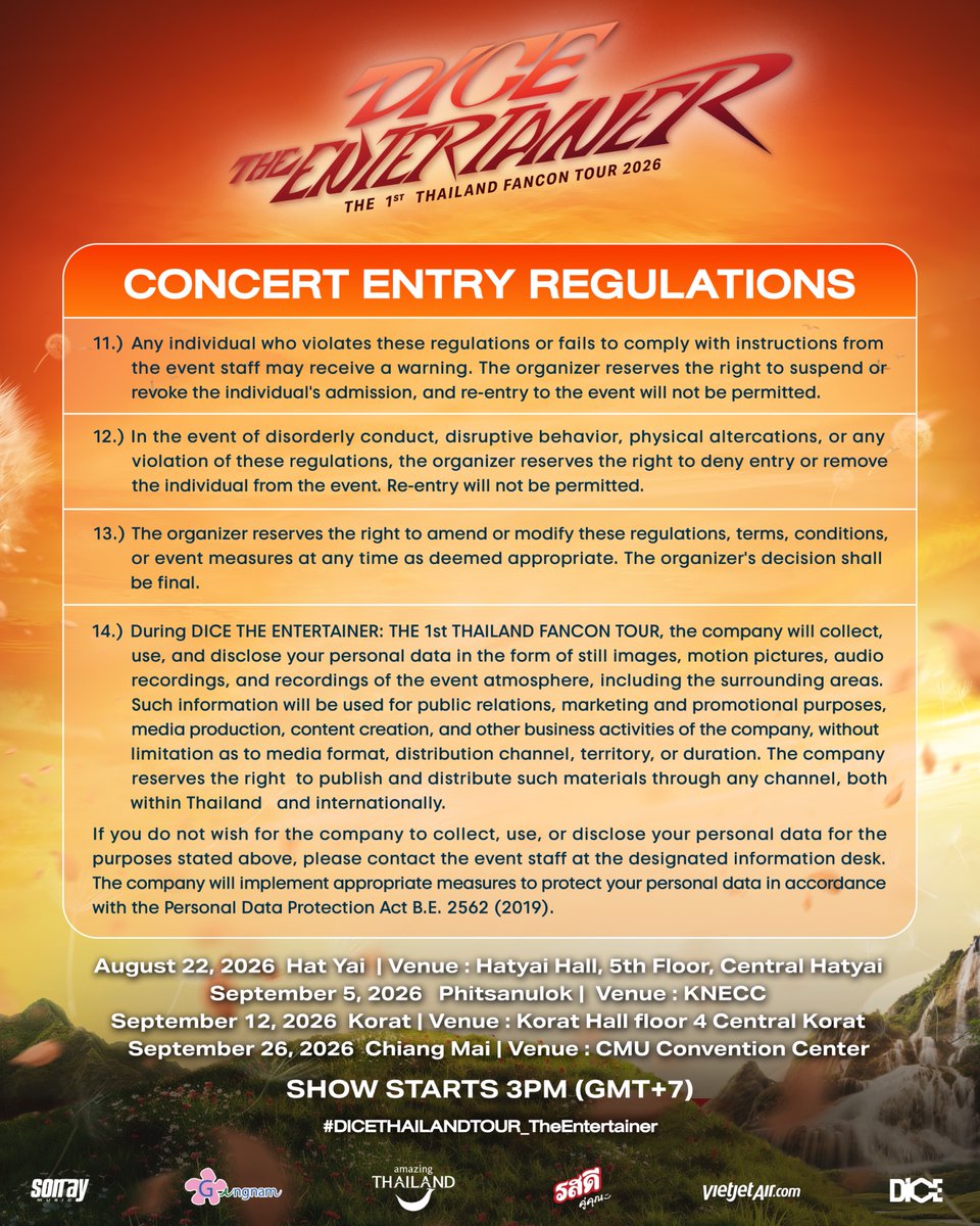 DICE_SONRAY's tweet photo. ระเบียบการเข้างานคอนเสิร์ต | CONCERT ENTRY REGULATIONS

DICE THE ENTERTAINER : THE 1st THAILAND FANCON TOUR

🎟️ ซื้อบัตรได้แล้วตอนนี้!! ทาง COUNTER SERVICE และ https://t.co/IS33tlGmPV

🗓️ 22 สิงหาคม 2569 - หาดใหญ่
📍หาดใหญ่ ฮอลล์ ชั้น 5
เซ็นทรัล หาดใหญ่

🗓️ 5 กันยายน 2569 - พิษณุโลก
📍 ศูนย์ประชุมฯ KNECC มหาวิทยาลัยนเรศวร

🗓️ 12 กันยายน 2569 - โคราช
📍 โคราช ฮอลล์ ชั้น 4
เซ็นทรัล โคราช

🗓️ 26 กันยายน 2569 - เชียงใหม่
📍 หอประชุมมหาวิทยาลัยเชียงใหม่

#DICETHAILANDTOUR_TheEntertainer
#DICE_SONRAY
#SONRAYMUSIC