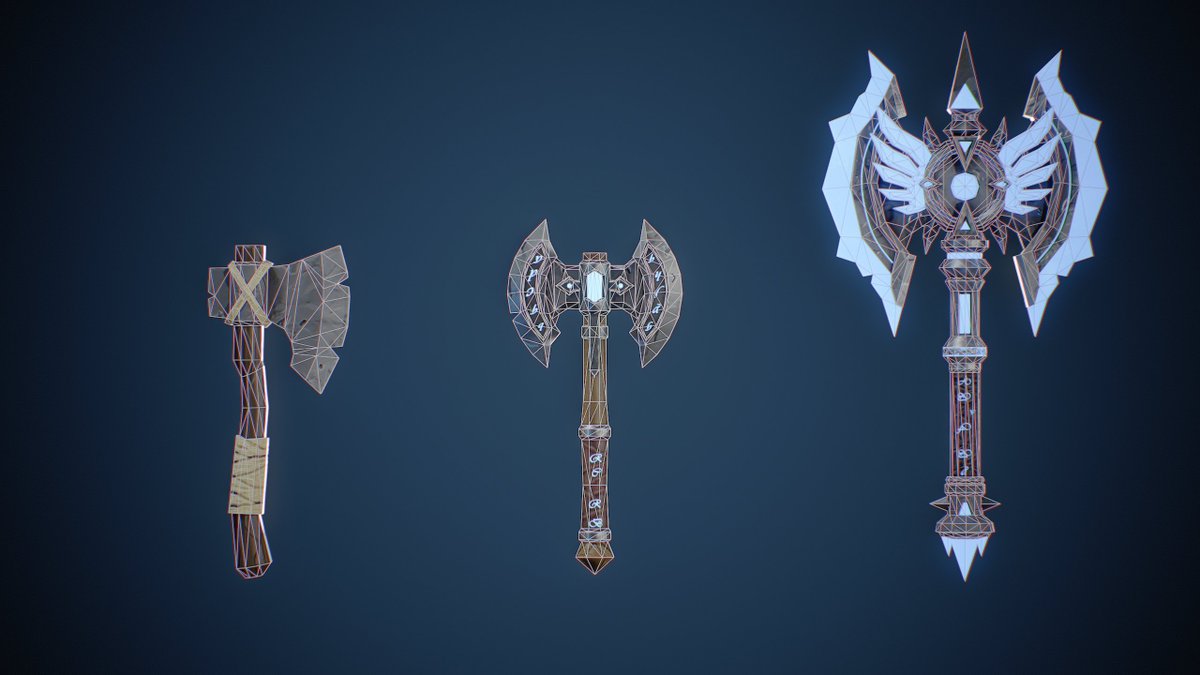 JP3D_'s tweet photo. Comms OPEN:

Looking to enhance visual quality and optimization in your game. Contact me, disc: crack3dev

This is an example of a 3 stage axe evolution.

4k Tri total. 📊

1k Shared UV Sheet. 🪟
📩 DM to commission! RTs appreciated! ♻️

#RobloxDev #RobloxArt #3DModeling #Roblox https://t.co/FO8ZqxM2pW