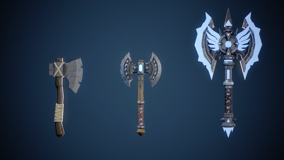 JP3D_'s tweet photo. Comms OPEN:

Looking to enhance visual quality and optimization in your game. Contact me, disc: crack3dev

This is an example of a 3 stage axe evolution.

4k Tri total. 📊

1k Shared UV Sheet. 🪟
📩 DM to commission! RTs appreciated! ♻️

#RobloxDev #RobloxArt #3DModeling #Roblox https://t.co/FO8ZqxM2pW