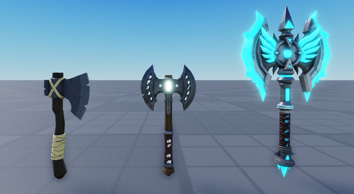 JP3D_'s tweet photo. Comms OPEN:

Looking to enhance visual quality and optimization in your game. Contact me, disc: crack3dev

This is an example of a 3 stage axe evolution.

4k Tri total. 📊

1k Shared UV Sheet. 🪟
📩 DM to commission! RTs appreciated! ♻️

#RobloxDev #RobloxArt #3DModeling #Roblox https://t.co/FO8ZqxM2pW